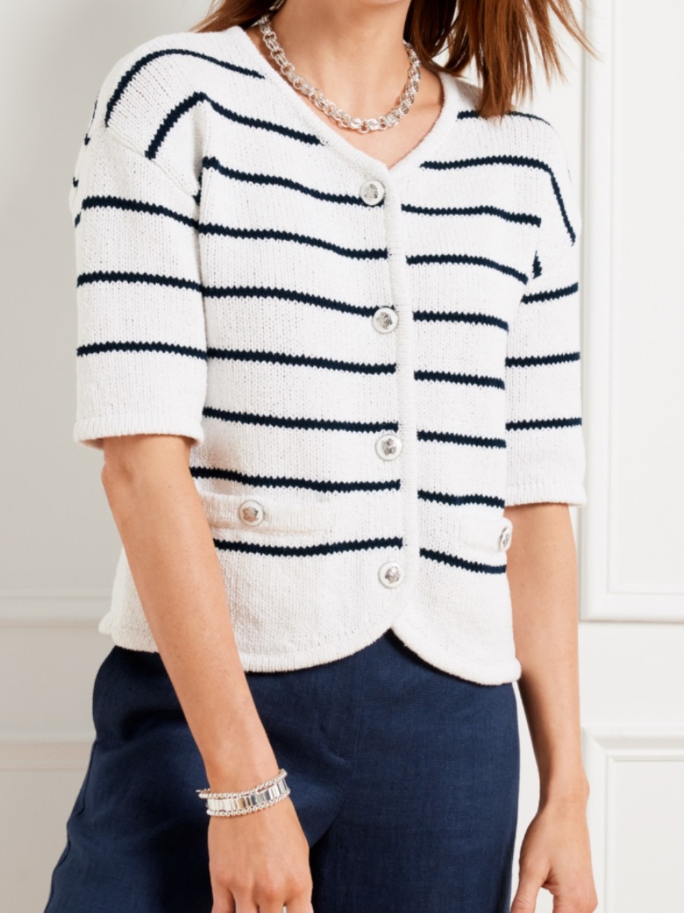 Talbots Elbow Sleeve Sweater Jacket Button Front Black & White Striped Size MP